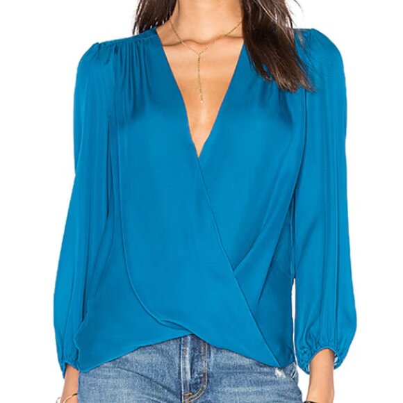 Alice + Olivia Tops - Alice + Olivia Arleene Drape Blouse Dark Turquoise 100% Silk